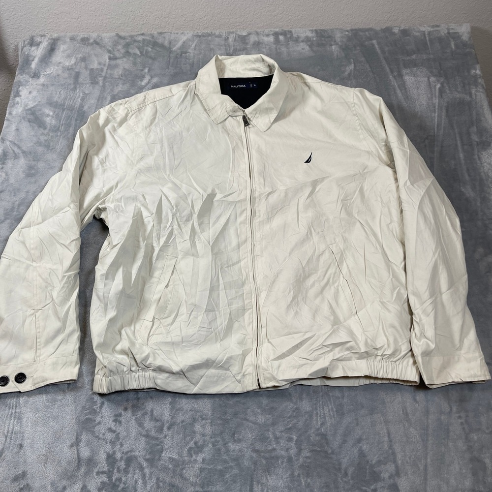 Nautica Mens XL Cream Off White Full Zip Windbreaker Jacket Logo Collared